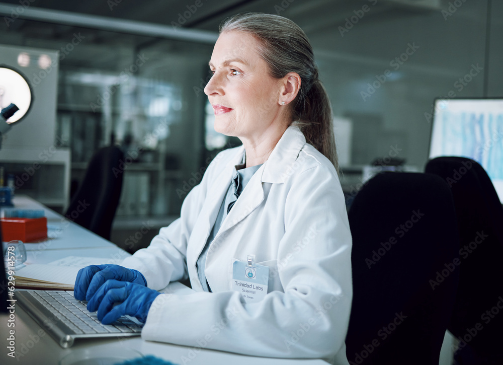 Woman, night and keyboard in science laboratory for medical research, deadline and pharmacy wellness