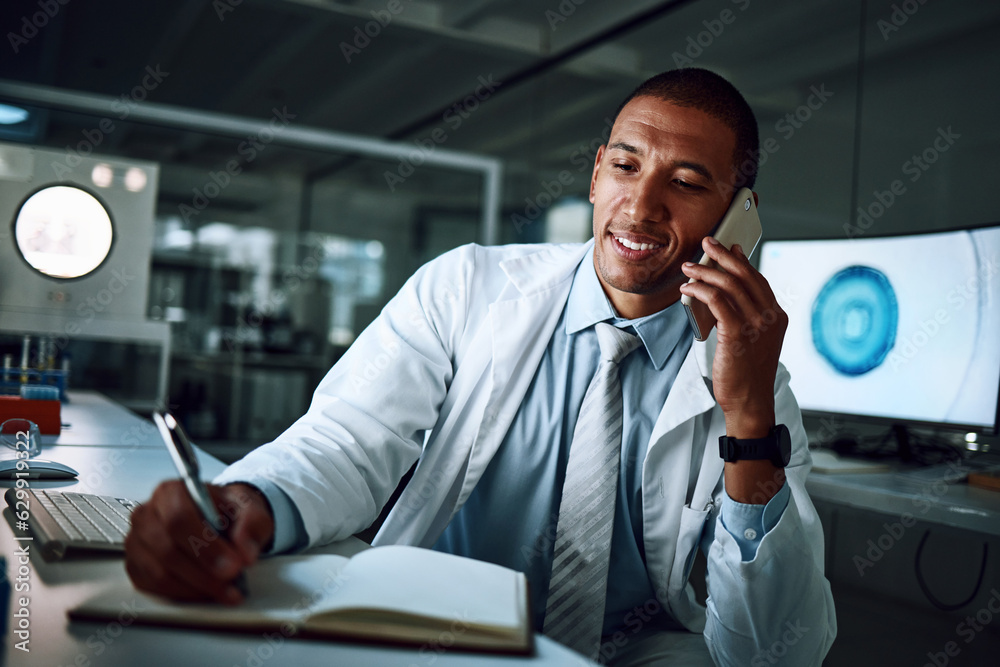 Doctor, phone call and notes in a laboratory of a man with conversation and science research. Health