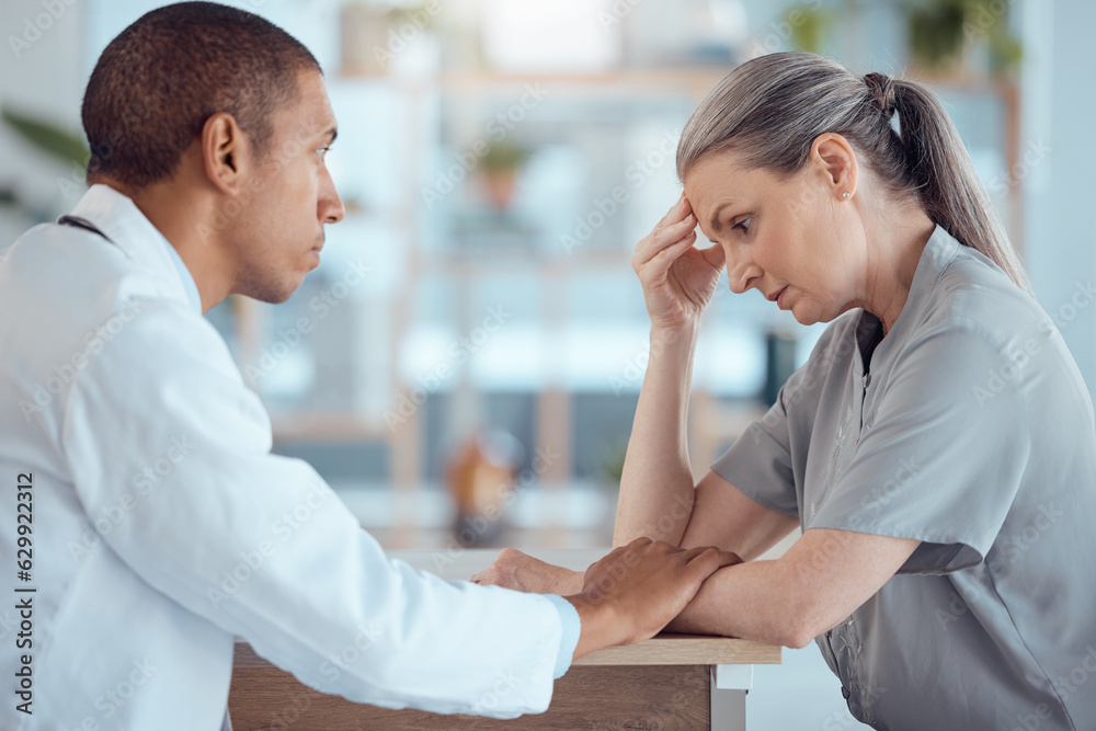 Sad, healthcare and a doctor with support for a woman, medical results or feedback in an office. Men