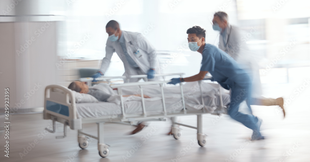 Doctors, team and rush with bed in hospital for healthcare emergency, surgery operation and first ai