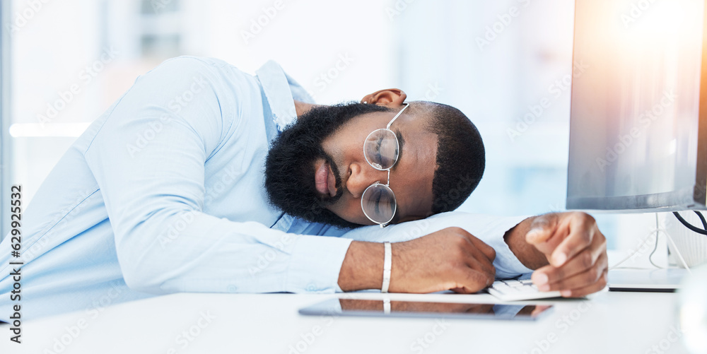 Sleeping, burnout and tired businessman in office overwhelmed by deadlines with fatigue at desk. Laz