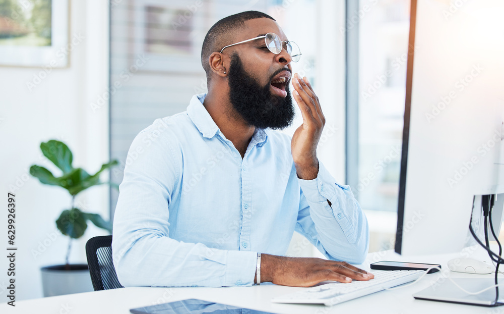 Yawn, tired employee and black man at desk, burnout and agent with startup company, feeling exhauste