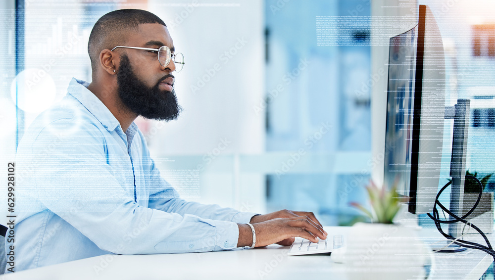 Black man, finance or trader typing on computer for stock market or cryptocurrency website for payme