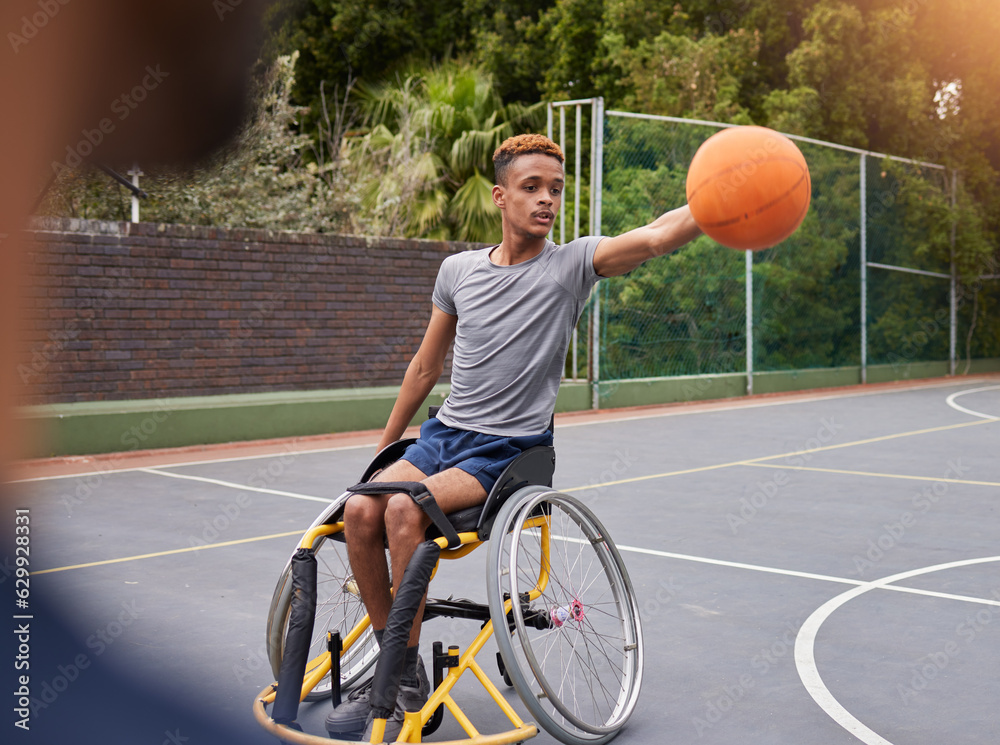 Basketball, wheelchair and man with sports ball at outdoor court for fitness, training and cardio. E