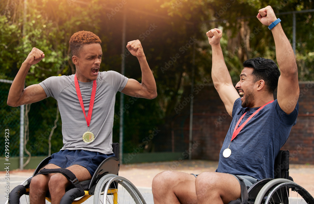 Basketball, success and wheelchair user with men and celebration for winner, trophy or sports. Train