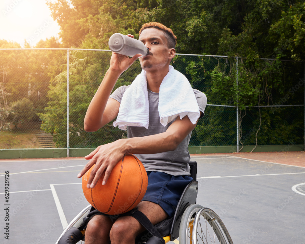 Basketball player, drinking water or man in wheelchair for sports break, rest or fitness electrolyte