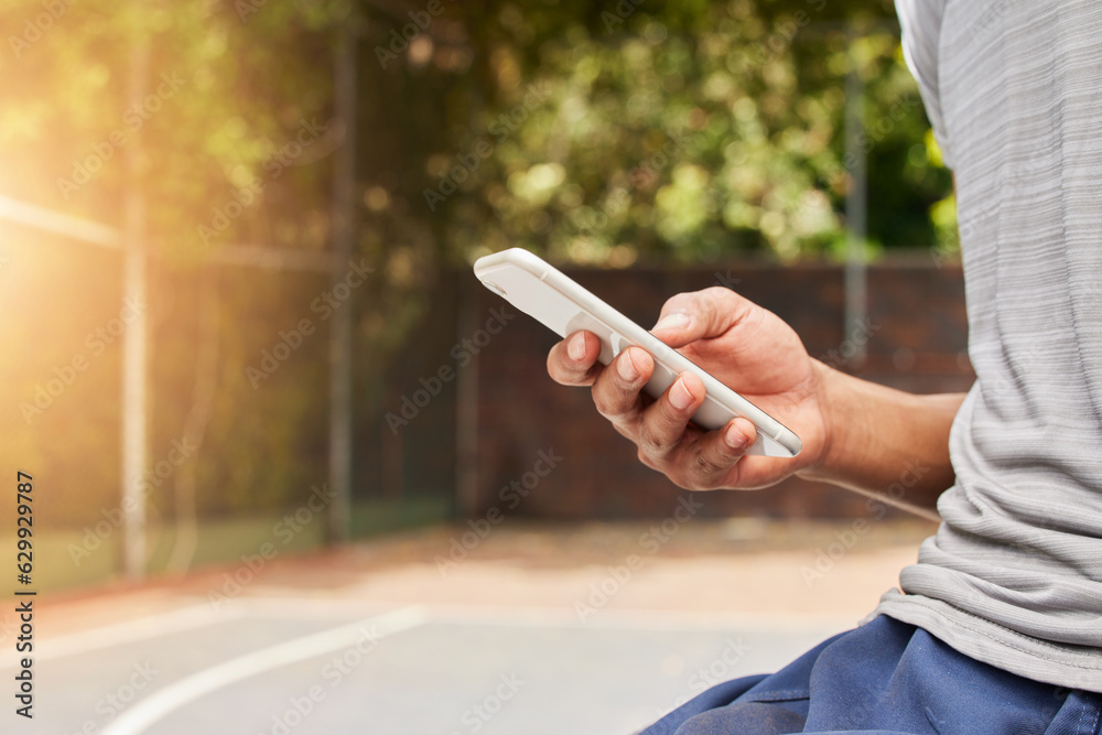 Smartphone in hand, person outdoor and typing, social media scroll and communication with mobile app