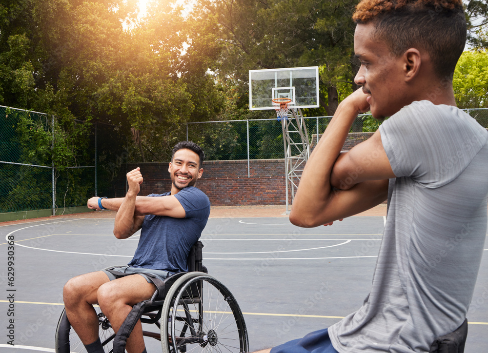 Stretching, wheelchair user and man on basketball court for training, challenge and competition. Fit