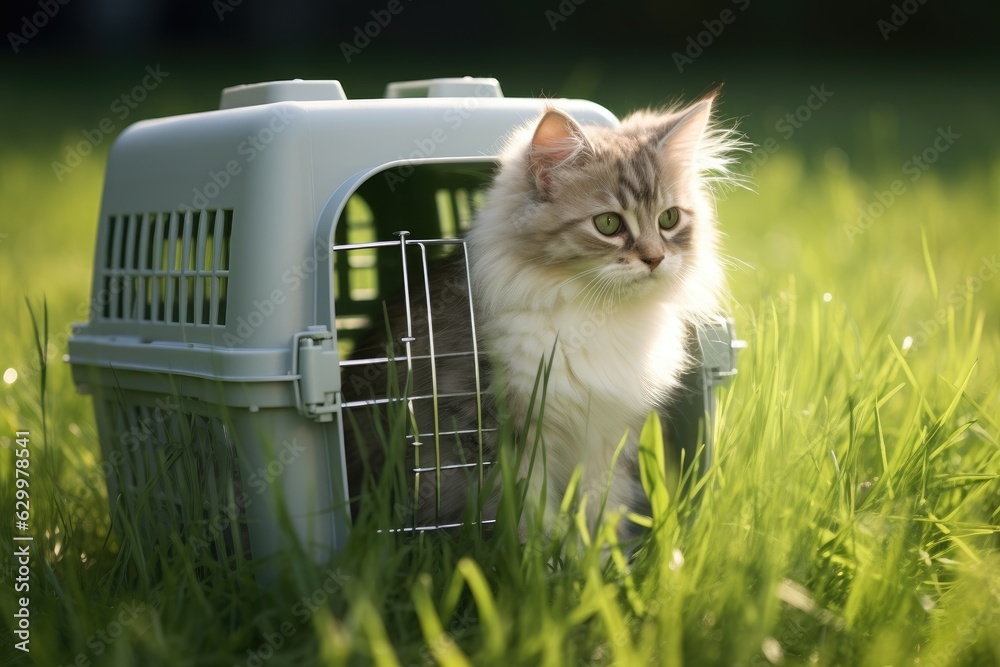 Cat sitting in carrier on grass.