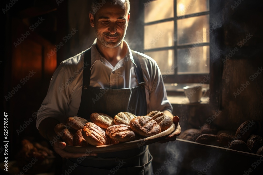 Baker holding a tray full of breads inside a bakery