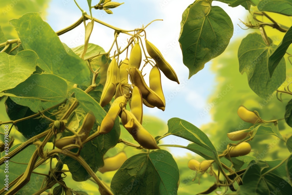 Healthy green beans hanging on a bean plant in kitchen garden on a crop bed