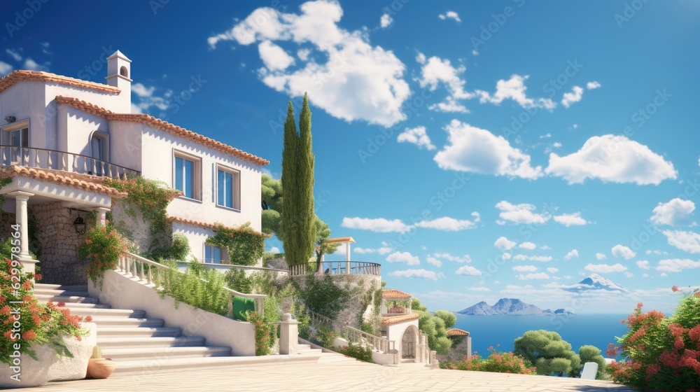 Beautiful contemporary white house and blue sky.