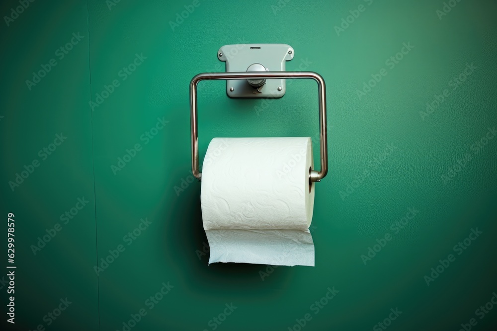 A white roll of soft toilet paper neatly hanging on a modern chrome holder.