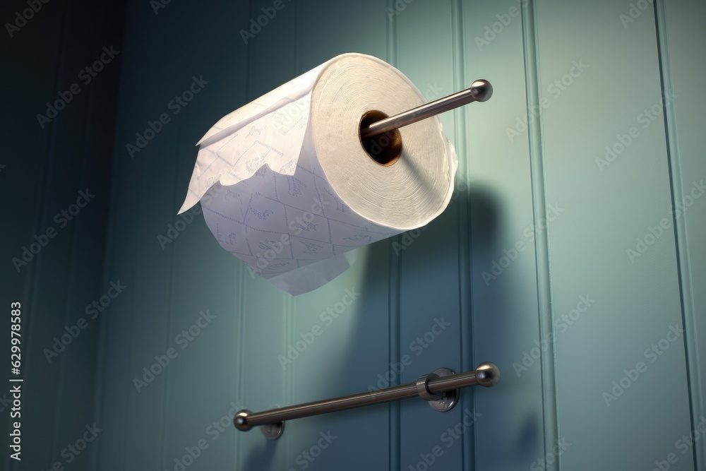 A white roll of soft toilet paper neatly hanging on a modern chrome holder.