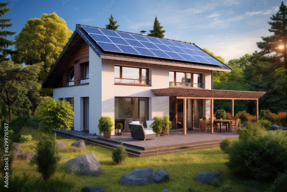 Moder house with photovoltaic pannels on house.