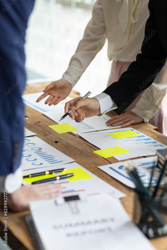 Business meeting, colleagues brainstorm together, discuss business project planning and analyze the 