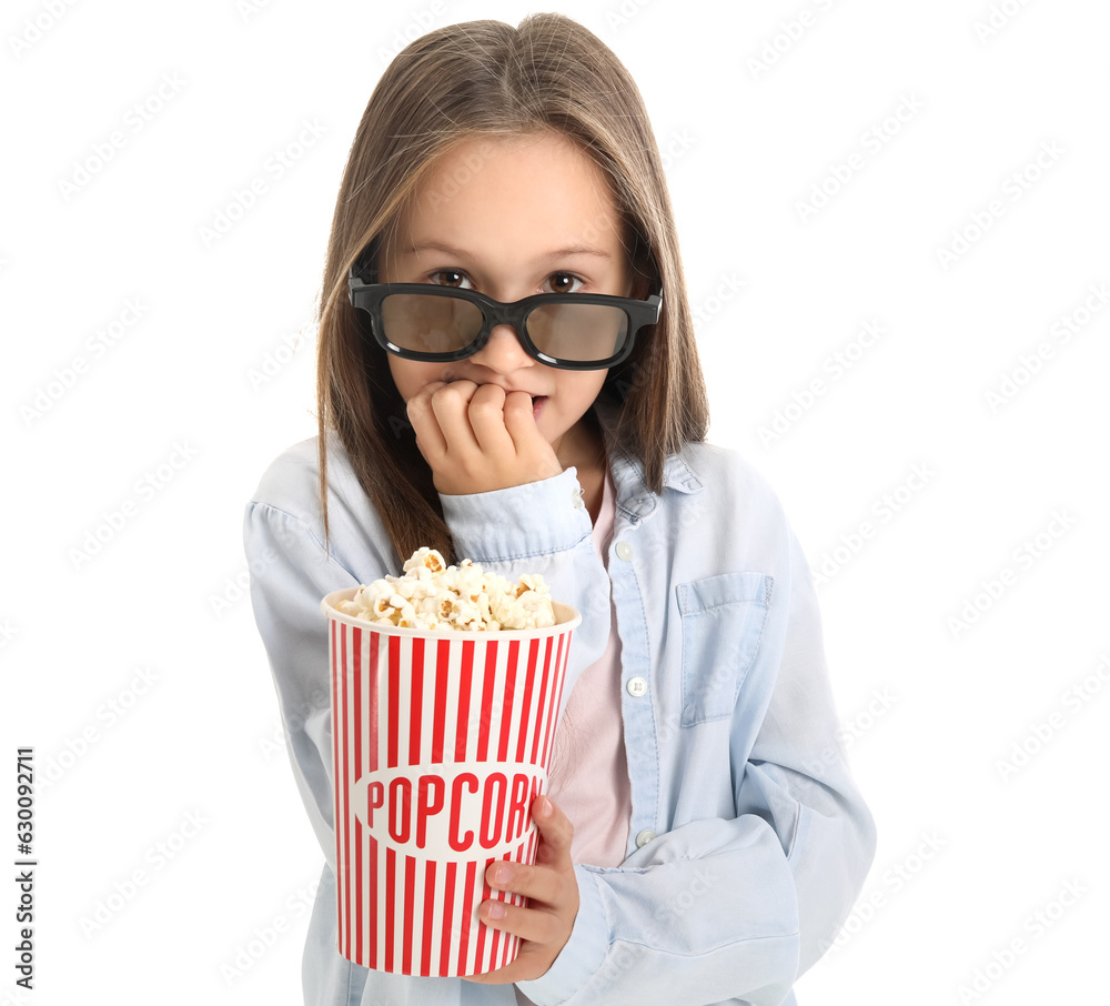 Little girl in 3D glasses with popcorn biting nails on white background