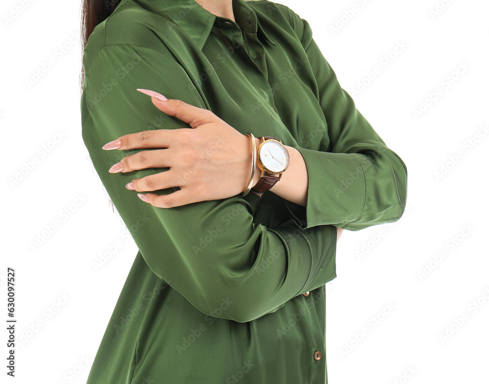 Stylish young woman with wristwatch isolated on white background