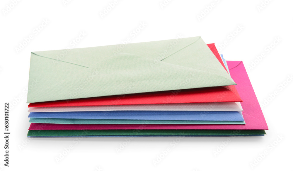 Stack of different envelopes on white background