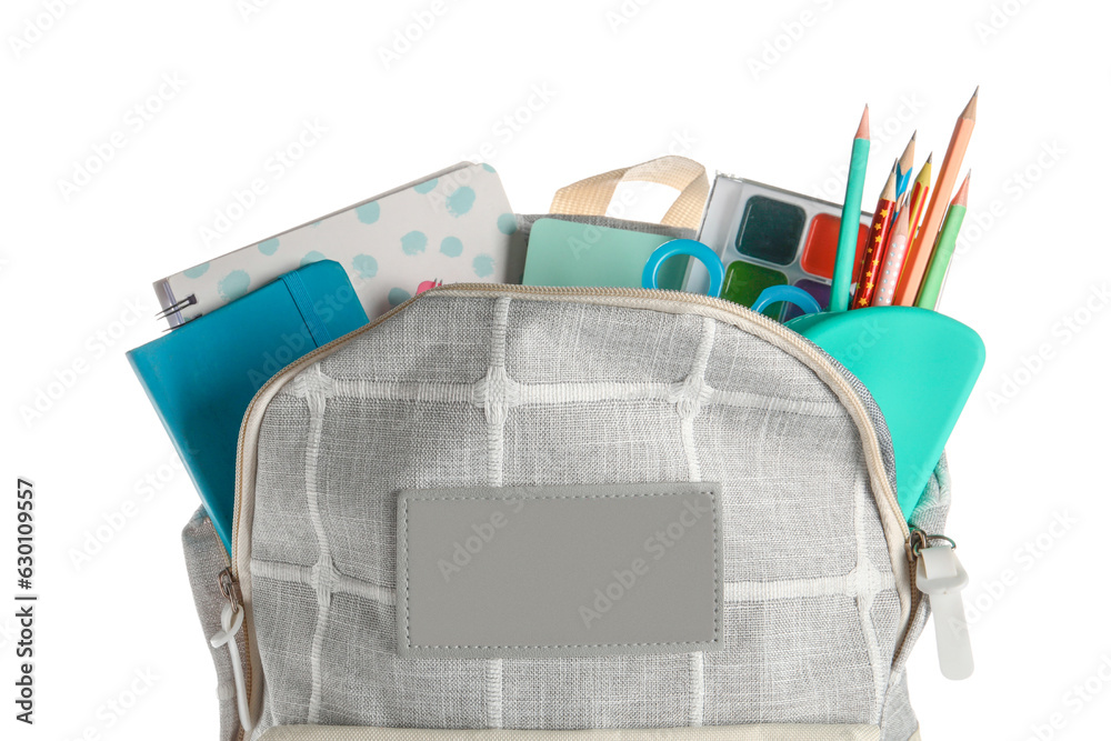 Grey school backpack with notebooks and pencils on white background