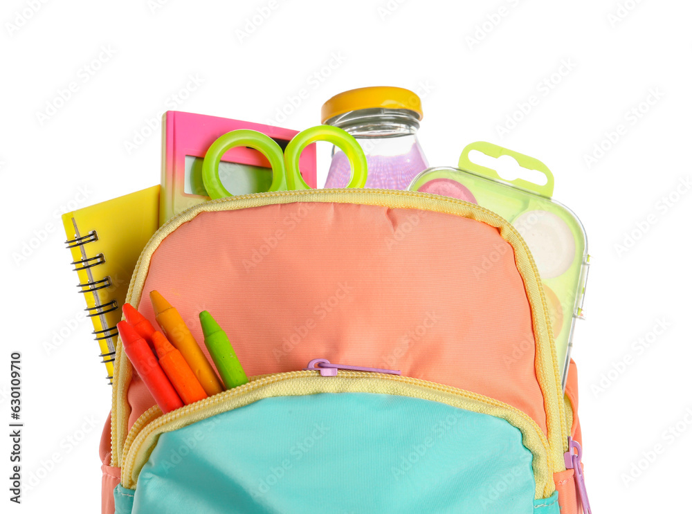 Colorful school backpack with bottle of water and different stationery on white background