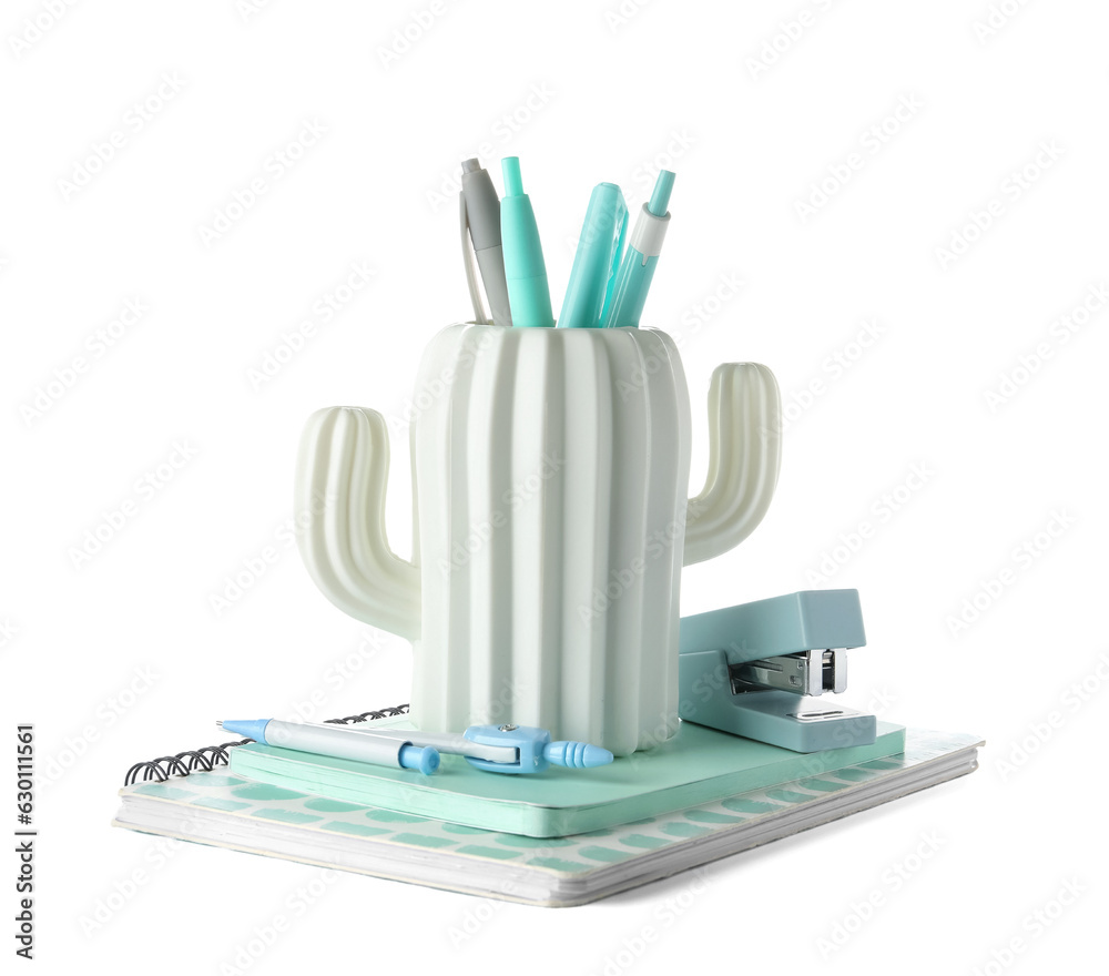 Stylish holder in shape of cactus with different stationery on white background