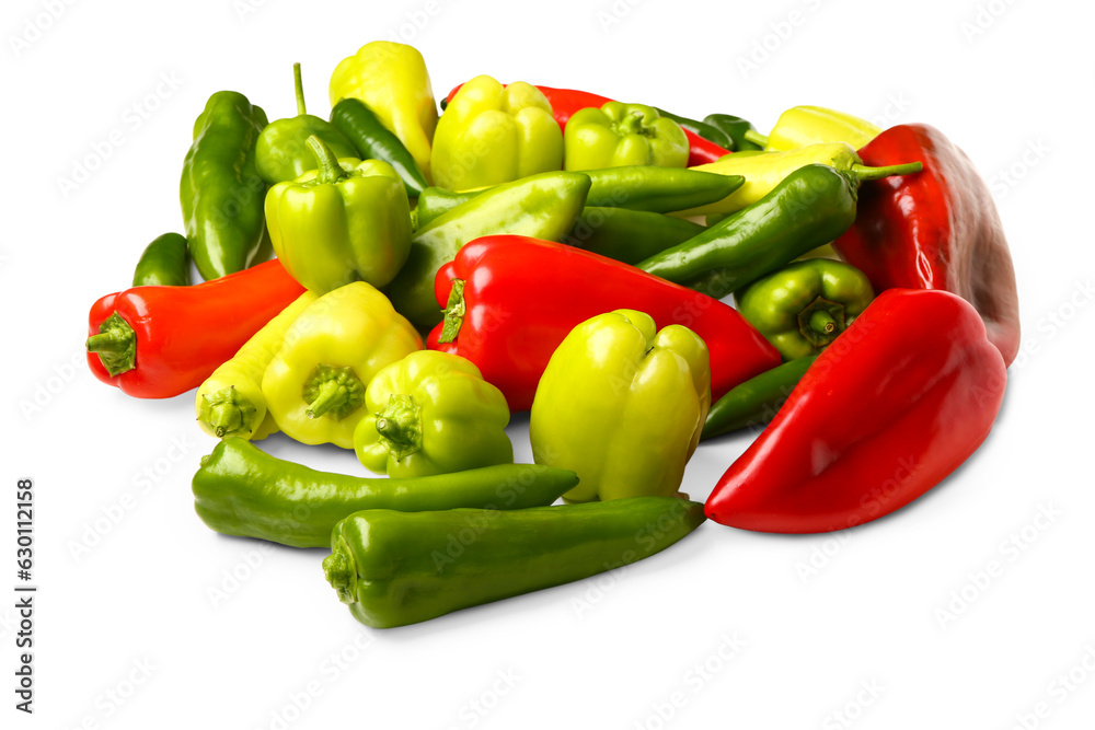 Different fresh peppers on white background