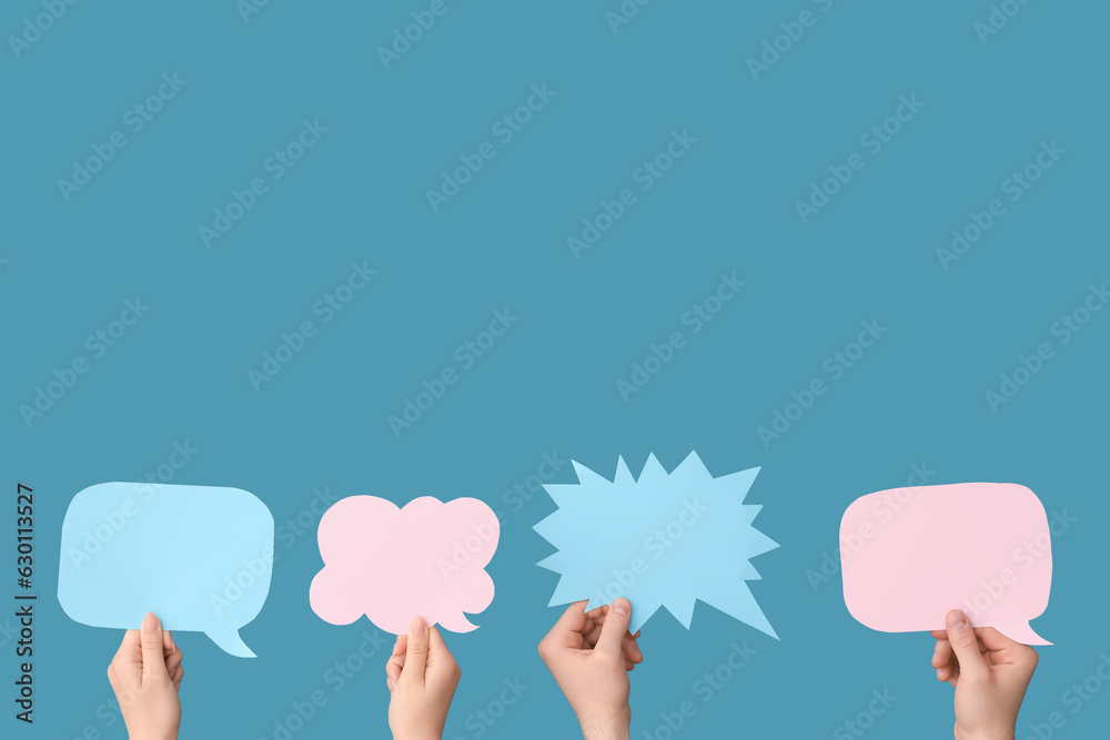 Different hands with speech bubbles on blue background