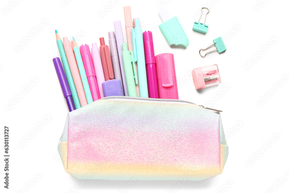 Pencil case with different stationery on white background