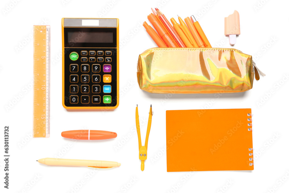 Pencil case with different stationery and calculator on white background