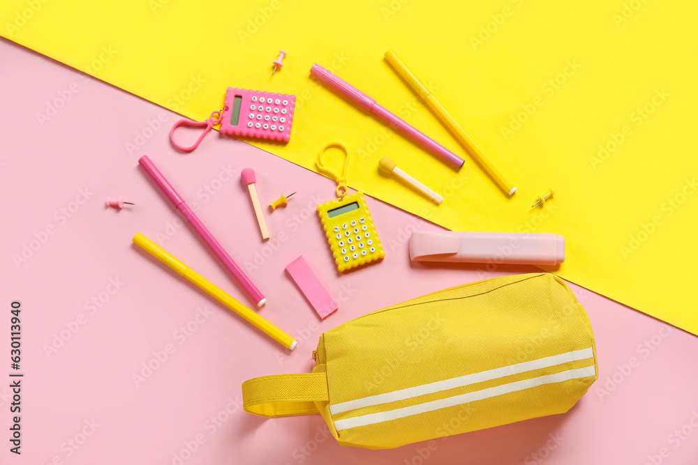 Pencil case with different school stationery on color background