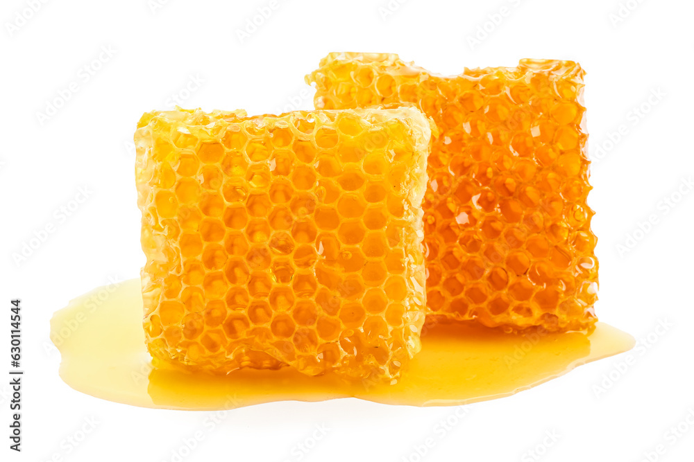 Sweet honeycombs on white background