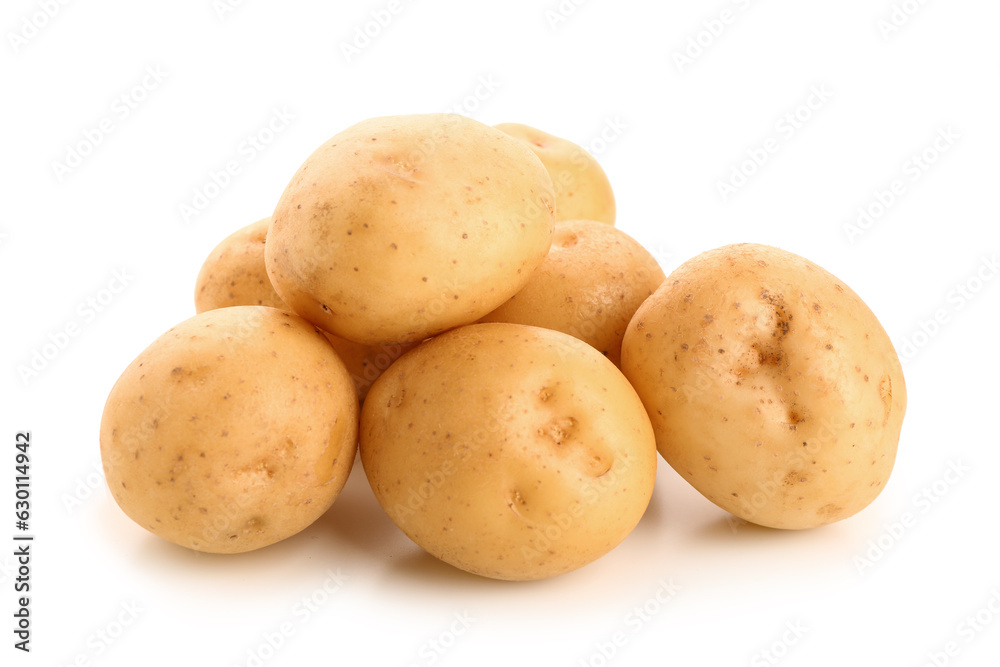 Heap of fresh raw potatoes on white background