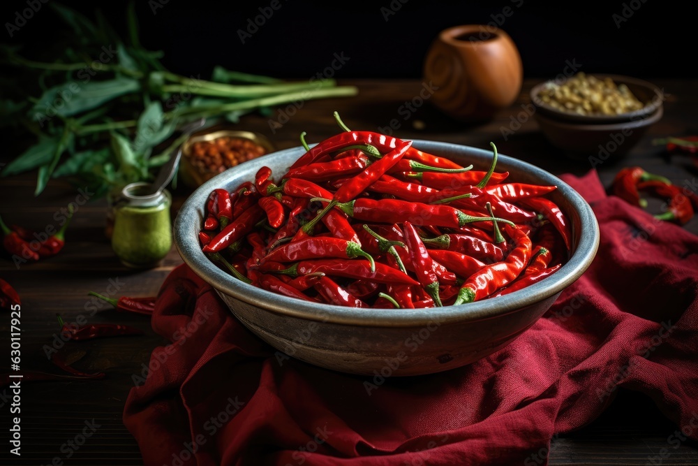 Red chili peppers in a bowl on the table. Generative AI