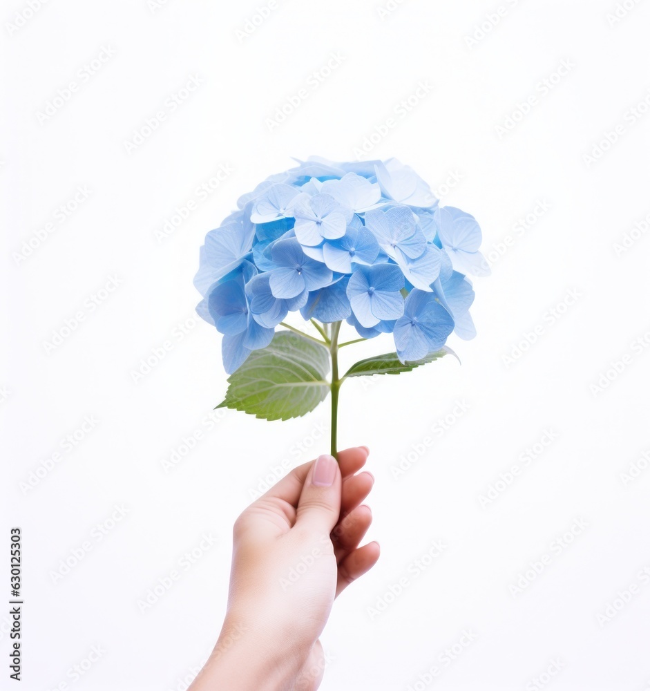 Hand holding a blue hydrangea flower