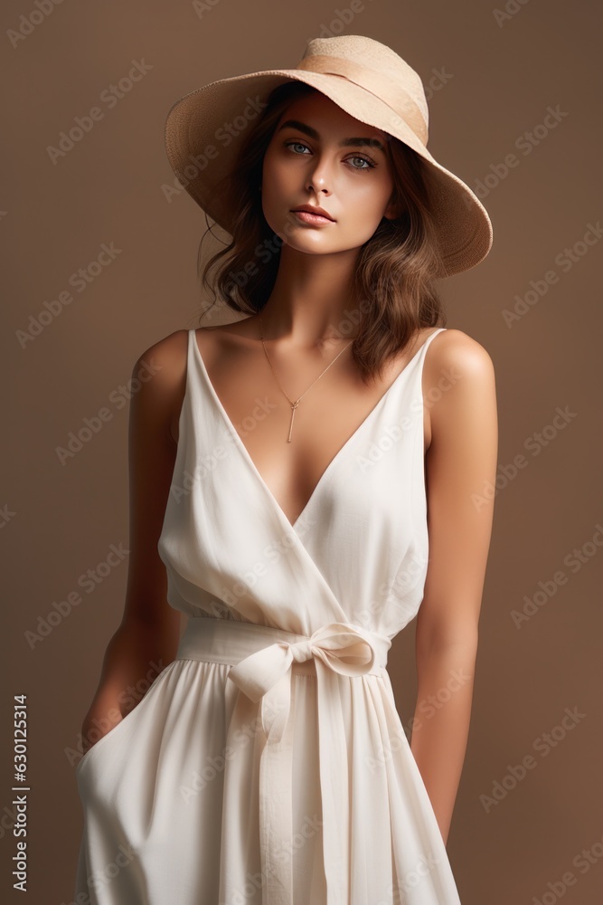 Fashion model girl in beige dress