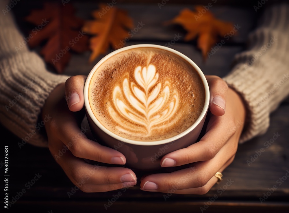 Autumn background with cup of coffee