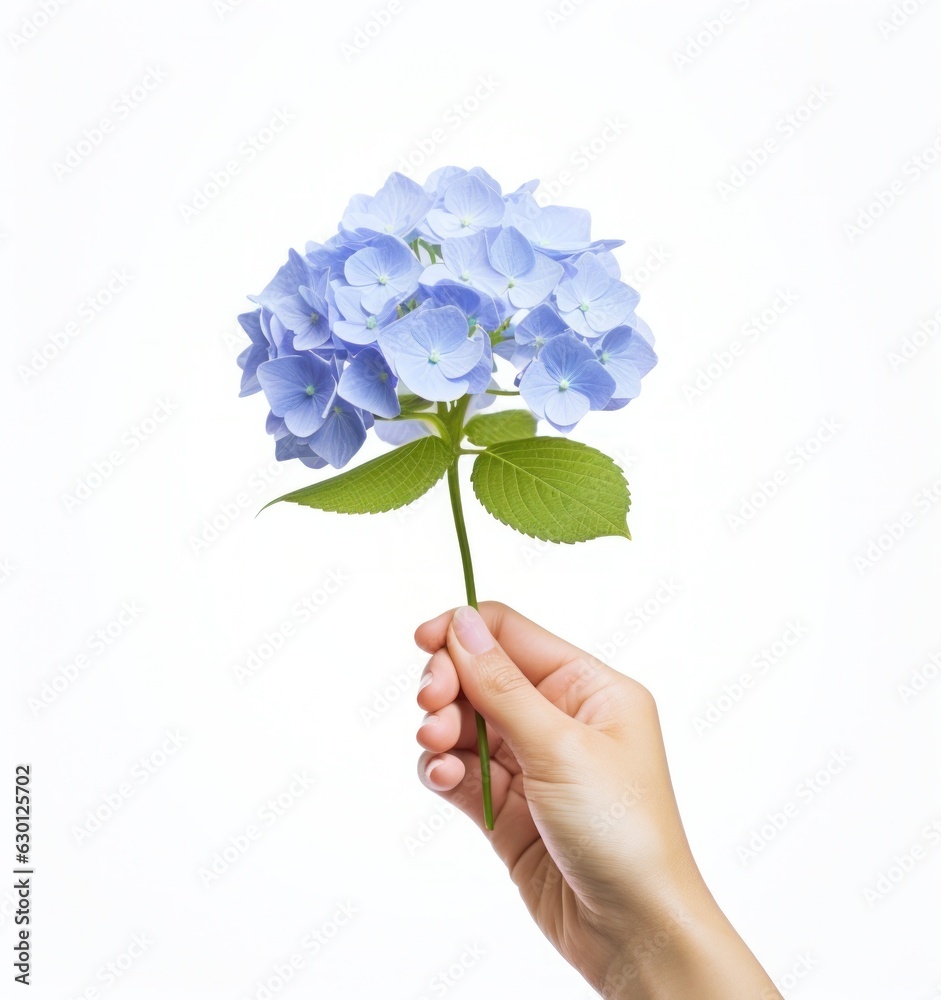 Hand holding a blue hydrangea flower