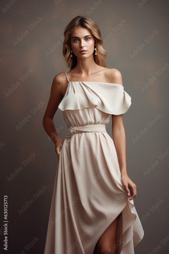 Fashion model girl in beige dress