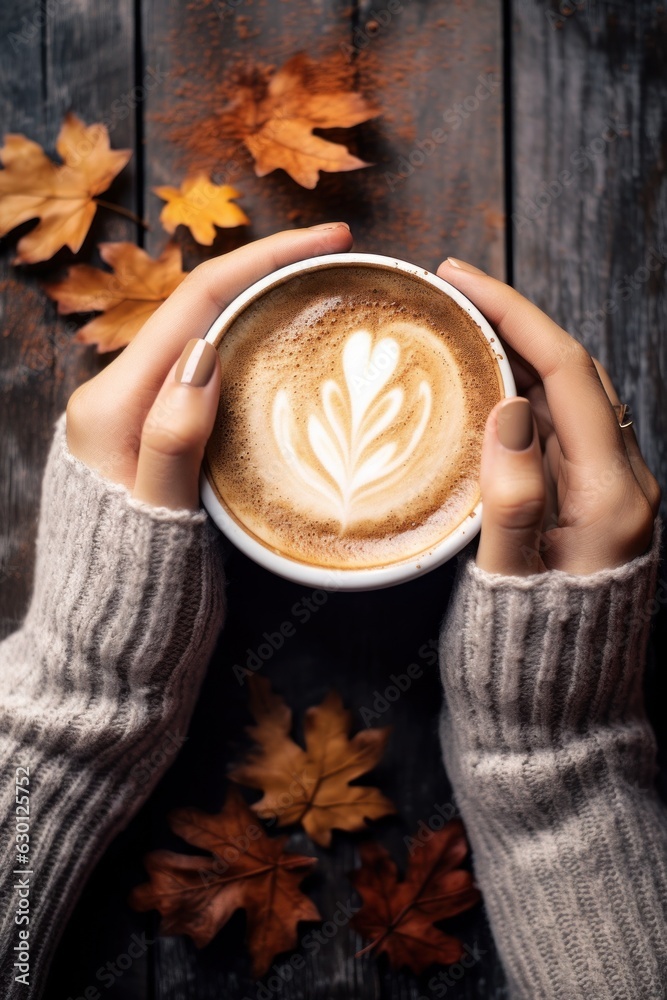 Autumn background with cup of coffee