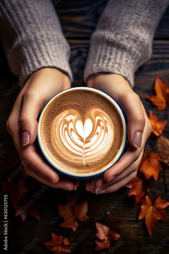 Autumn background with cup of coffee