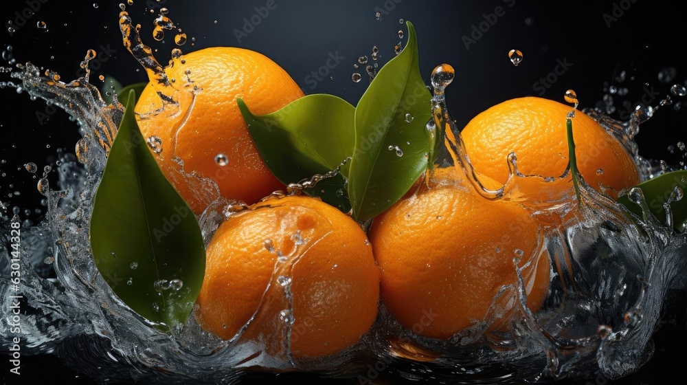 Closeup flying mandarin oranges hit by splashes of water on black background and blur