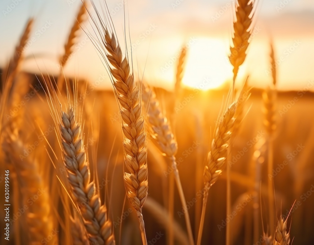 Ripe wheat in a field at sunset