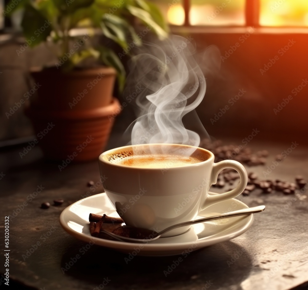 Cup of coffee on wooden table