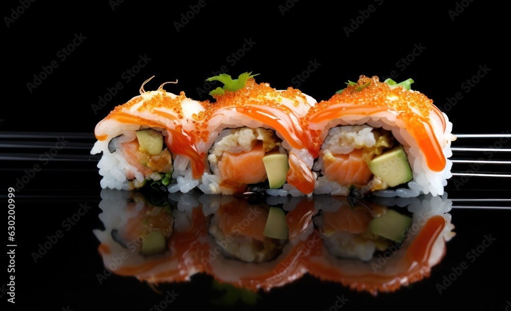 Sushi roll with chopsticks on dark background