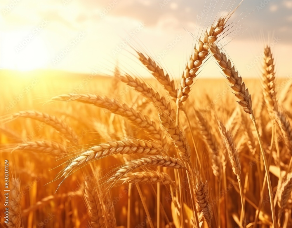 Ripe wheat in a field at sunset