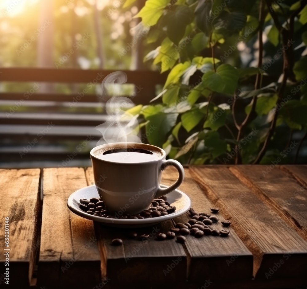 Cup of coffee on wooden table