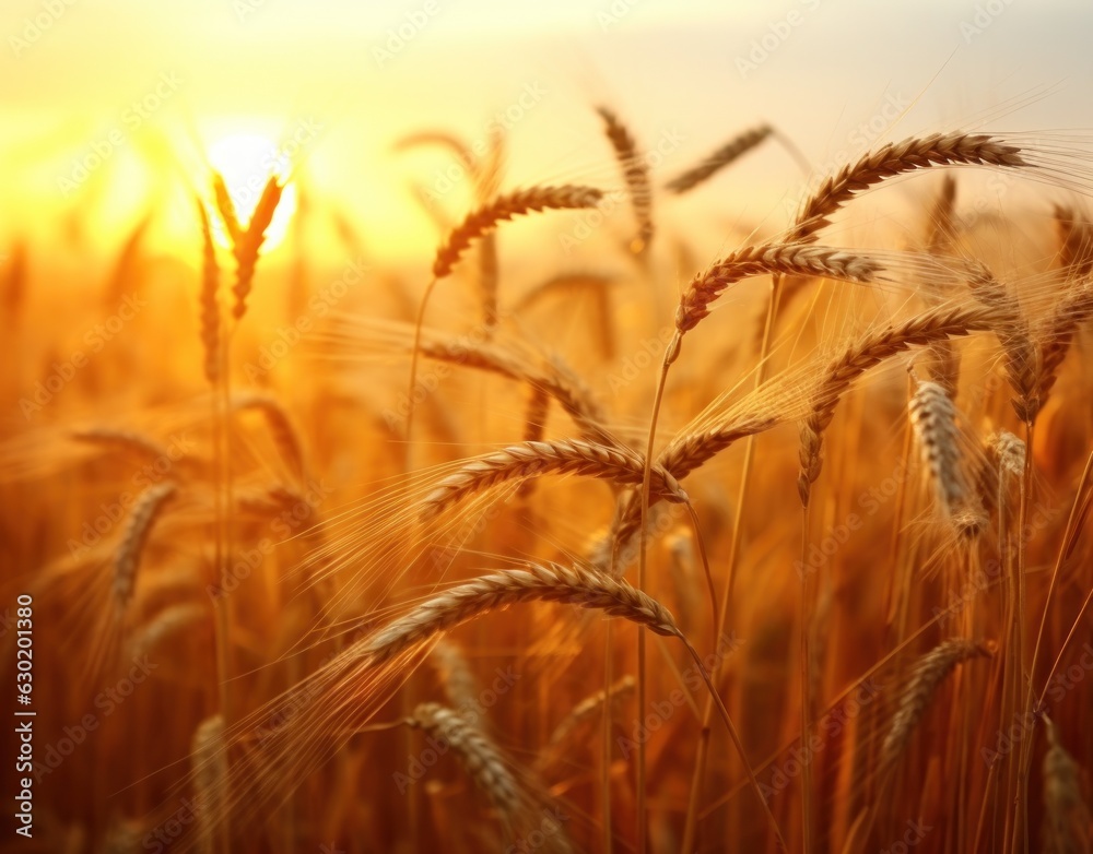 Ripe wheat in a field at sunset