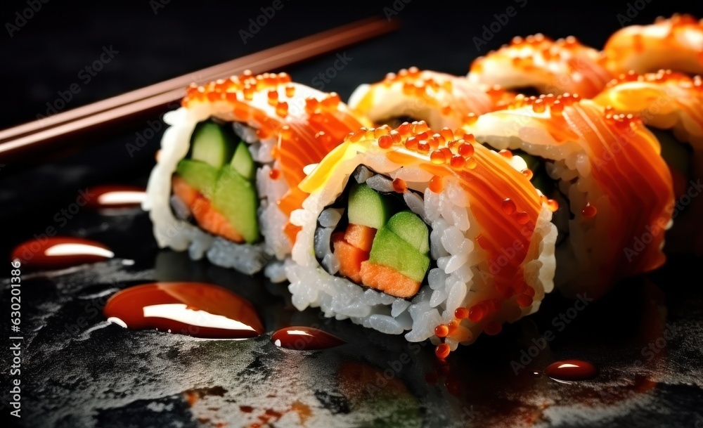 Sushi roll with chopsticks on dark background