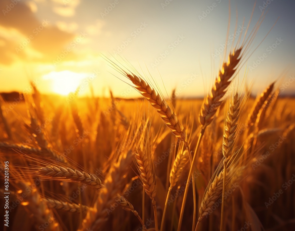 Ripe wheat in a field at sunset